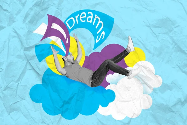 Image Poszter Kollázs Kép Funky Őrült Ember Repülő Álmok Felhők — Stock Fotó