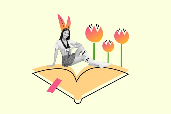 Иллюстрационный Коллаж Юной Красивой Леди Сидящей Открытая Книга Литература Вдохновение — стоковое фото