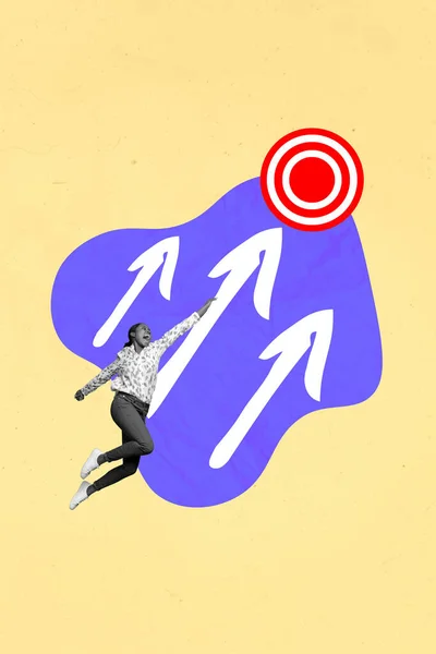 Collage Artwork Graphics Picture Excited Lady Throwing Arrow Darts Center — Stock Photo, Image