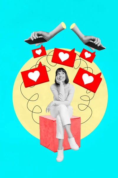 Kreativ Kunstverksmal Collage Drømmende Smilende Dame Ønsker Positiv Feedback Moderne – stockfoto