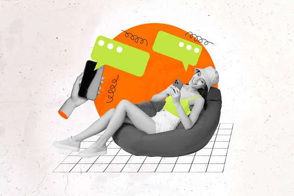 Photo Collage Download Messenger Reklama Kobieta Leżące Puuf Dialog Odpowiedź — Zdjęcie stockowe