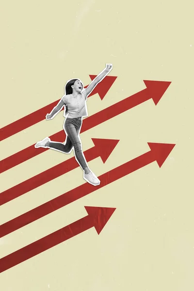 Desenho Criativo Imagem Colagem Energizado Feminino Levantar Punho Executar Mosca — Fotografia de Stock