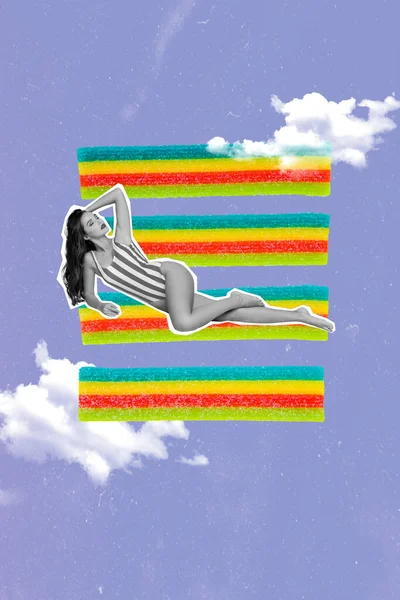 躺在日光浴中的年轻女子的复合拼图享受夏天的放松吃蓝色背景下分离的果酱片明胶 — 图库照片