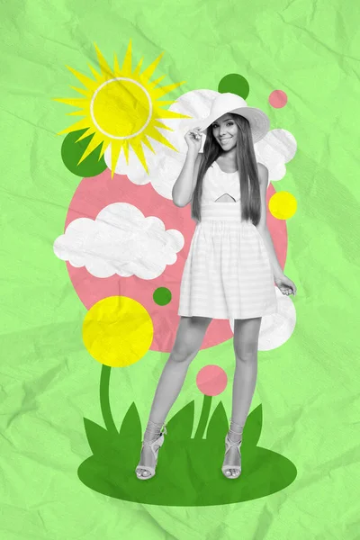 Vertikalt Collage Fantastisk Flicka Solhatt Teckning Blommor Moln Sol Isolerad — Stockfoto