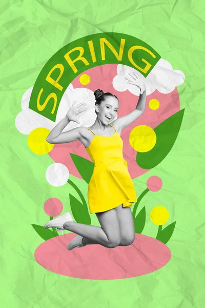 Vertical Collage Excited Black White Gamma Girl Jumping Enjoy Spring — Stock Photo, Image