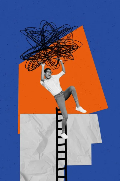 Collage Verticale Donna Funky Complicato Tenere Confusione Disegno Raggiungere Scala — Foto Stock