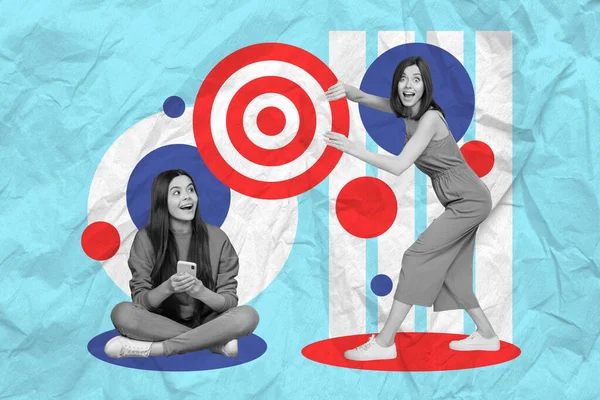 Affisch Mall Collage Konstverk Skiss Två Damer Arbetare Tillsammans Drömmer — Stockfoto