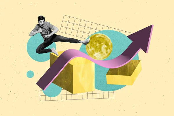 Artwork Collage Poster Image Crazy Positive Man Jump Leg Kick — Stockfoto
