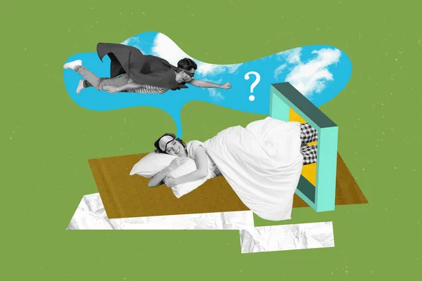 Retro Arte Modelo Colagem Dormir Senhora Sonho Super Homem Namorado — Fotografia de Stock
