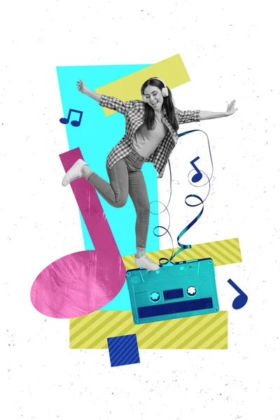 Imagen Collage Bosquejo Postal Imagen Chica Loca Meloman Dance Escuchar —  Fotos de Stock