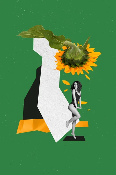 Schets Collage Kunstwerk Van Vrij Charmant Meisje Poseren Grote Bloem — Stockfoto