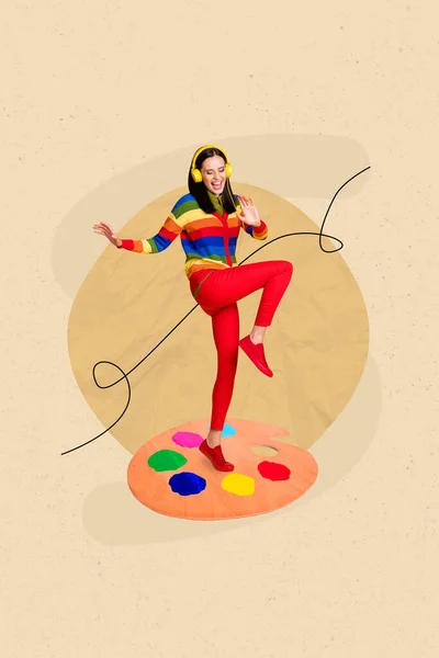Függőleges Kreatív Fényes Kollázs Alkotás Plakát Boldog Pozitív Lány Hallgat — Stock Fotó
