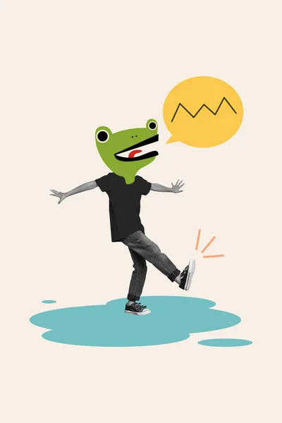 Photo Collage Picture Funky Carefree Small Boy Frog Head Walking — Stock Photo, Image