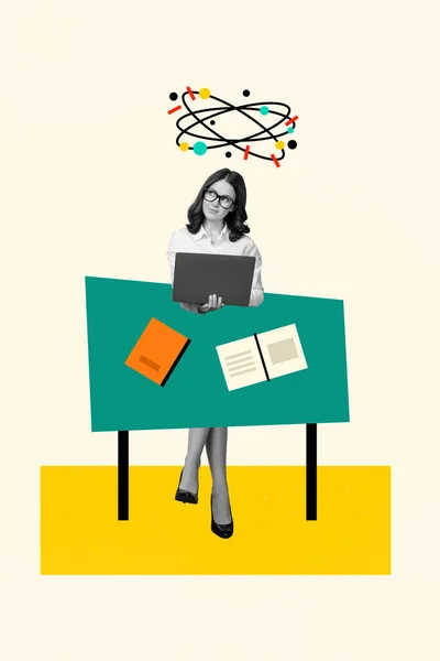 Foto Tecknade Serier Skiss Collage Bild Smart Smart Kvinna Arbetar — Stockfoto