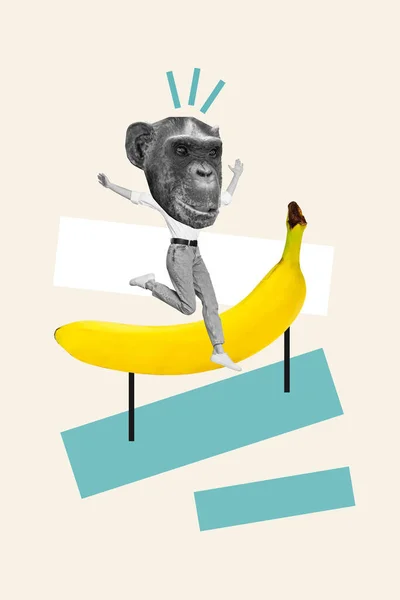 바나나외진 곳에서 창조적 배경을 즐기고 침팬지 여성의 콜라주 — 스톡 사진