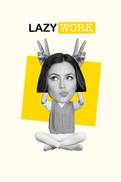 コラージュ3Dピンナップポップレトロスケッチ画像の面白いです怠惰な労働者女性ショーウサギの耳隔離された白黄色の背景 — ストック写真