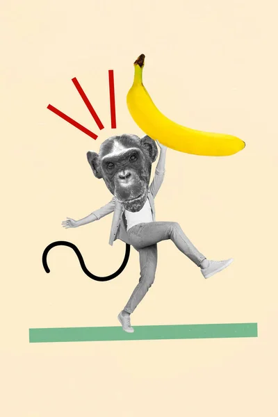 图片漫画素描拼贴图片无忧无虑的猴头女士升起大香蕉孤立的米色背景 — 图库照片