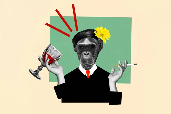 Kreatywny Retro Kolaż Funky Szympansa Picie Wina Palenie Papierosów Odizolowany — Zdjęcie stockowe