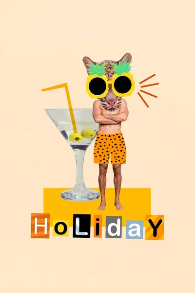 垂直创意组合图片拼贴的家伙与山猫头戴太阳镜享受度假饮料鸡尾酒孤立的油漆背景 — 图库照片