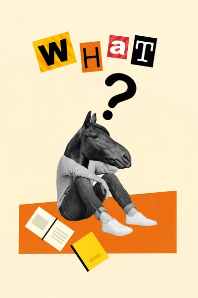 Kunstwerk Collage Bild Von Gestresst Verwirrt Pferdekopf Kerl Müde Lesen — Stockfoto