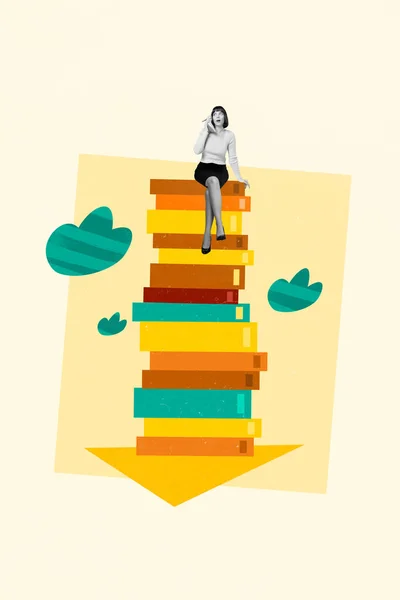 Imagen Vertical Dibujo Collage Mujer Feliz Emocionado Sentados Libros Charlando — Foto de Stock