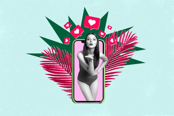 Creatieve Collage Van Mini Zwart Wit Effect Meisje Smart Phone — Stockfoto