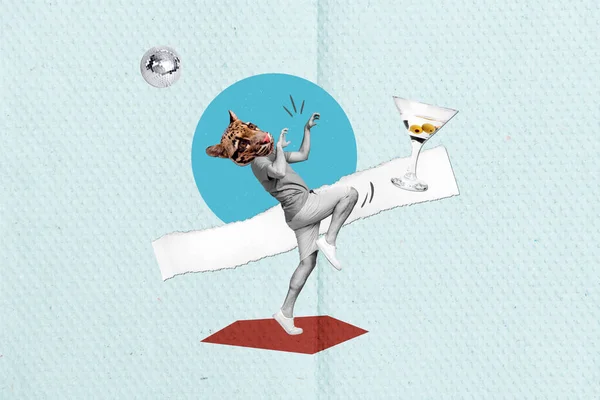 黑白色效果家伙Lynx头跳舞的手爪马提尼玻璃杯迪斯科球在纸背景上隔离的学院肖像 — 图库照片