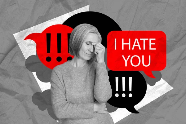 Collage Creativo Effetto Bianco Nero Nonna Insoddisfatta Soffrire Abuso Dialogo — Foto Stock