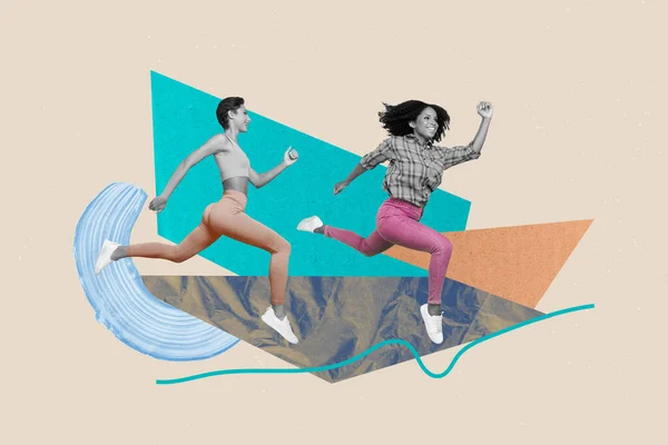 Perfil Comprimento Total Quadro Colagem Duas Meninas Maratona Corrida Motivação — Fotografia de Stock