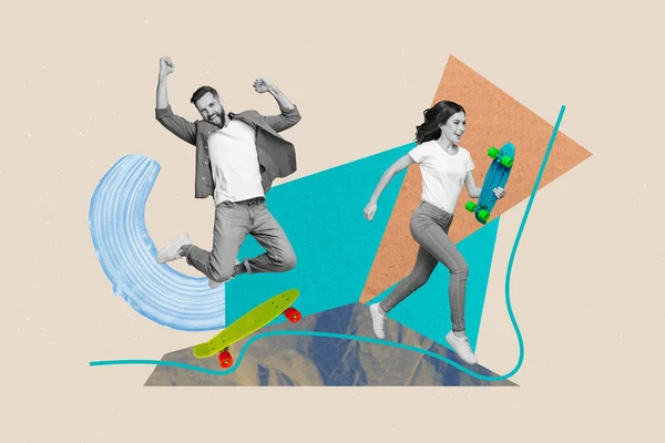 暑期有趣的拼贴概念杂志独家干部两个朋友骑滑板无忧无虑的周末孤立的绘画背景 — 图库照片