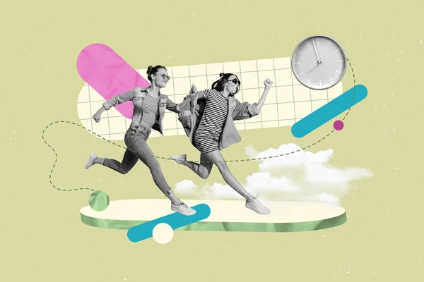 Collage Wettbewerb Von Zwei Mädchen Laufen Hohes Tempo Beeilen Sich — Stockfoto