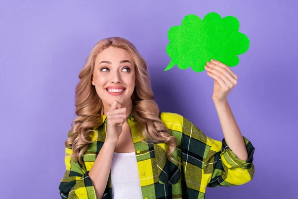 stock image Photo of sweet dreamy woman dressed checkered jacket arm chin looking idea cloud empty space isolated purple color background.