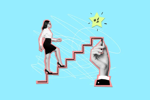 콜라주 페인트 계단을 소녀는 배경에 고립된 스타타겟에 오르고 있습니다 — 스톡 사진