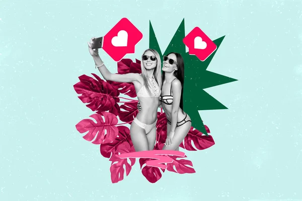 Collage Bild Von Zwei Schlanken Schwarz Weißen Farben Mädchen Halten — Stockfoto