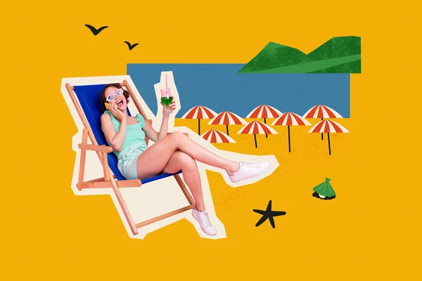 イメージポスターバナーコラージュの興奮した女性楽しんで彼女の夏休みの友人と話す上でセルスマートガジェット — ストック写真
