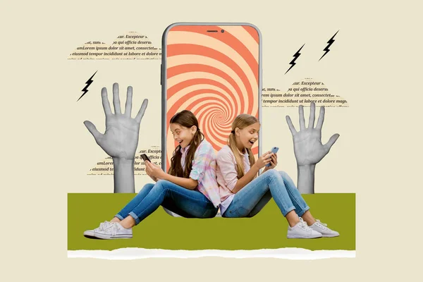 Surreal Unusual Template Collage Two Schoolkids Using Cell Smart Gadgets — Stock Photo, Image