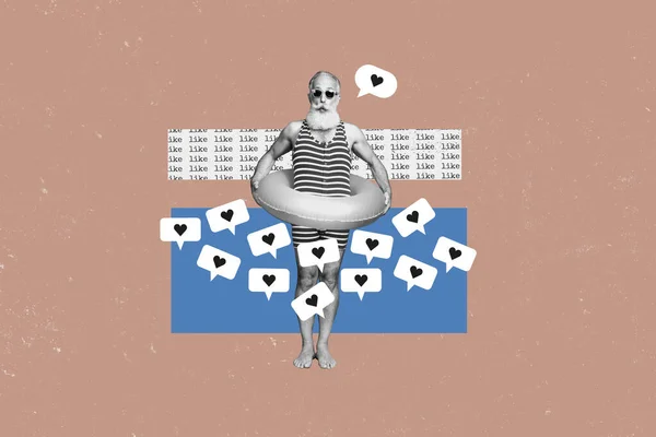Plakatbanner Werbung Collage Von Rentner Ruhe Entspannen Schwimmen Gummiring Schreiben — Stockfoto