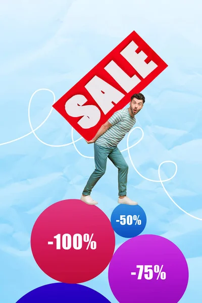 Collage Foto Winkelen Conceptuele Promo Percentage Reclame Merchandise Jonge Man — Stockfoto
