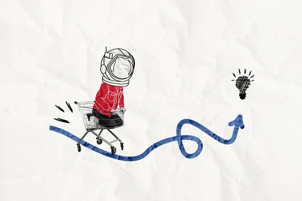 Creativo Divertido Collage Excitado Astronauta Espacio Explorar Encontrar Idea Bombilla — Foto de Stock