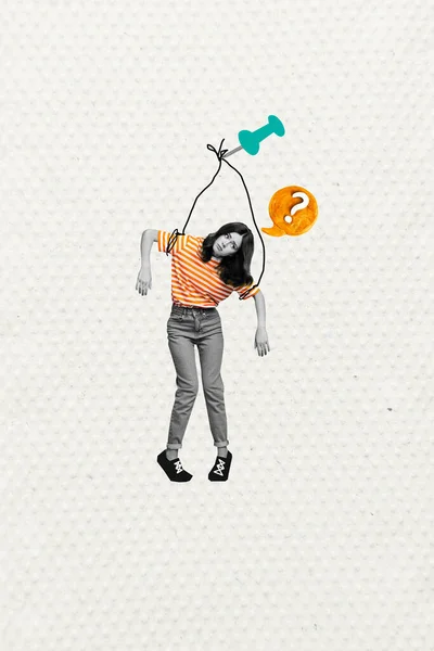 Vertikal Zusammengesetzte Collage Bild Knetmasse Symbol Fragezeichen Hängen Falle Mädchen — Stockfoto