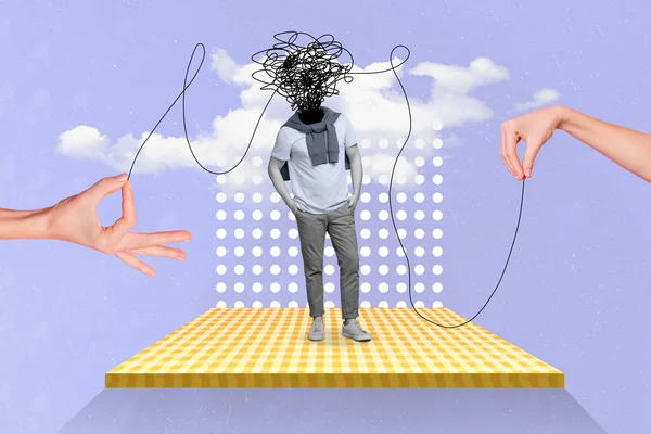 创意3D图解拼贴画胳膊牵挂困惑的男人孤立地画紫色背景 — 图库照片
