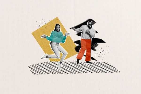 写真漫画スケッチコラージュ写真のファンキークールな女性の男楽しいダンスを一緒に孤立した創造的な背景 — ストック写真