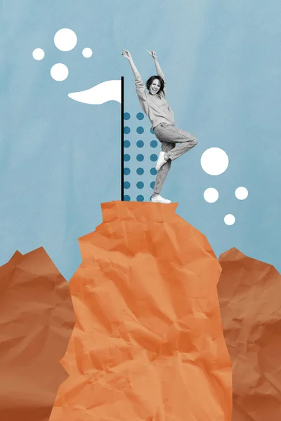 Imagem Colagem Vertical Animado Mini Preto Branco Cores Menina Stand — Fotografia de Stock