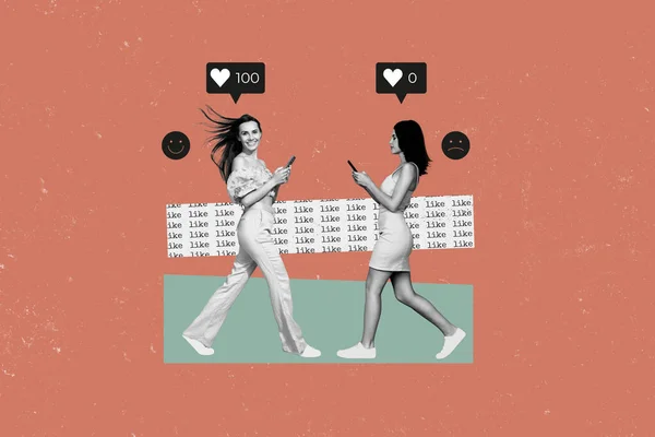 Criativa Foto Colagem Ilustração Composta Duas Meninas Bonitas Jovens Competir — Fotografia de Stock