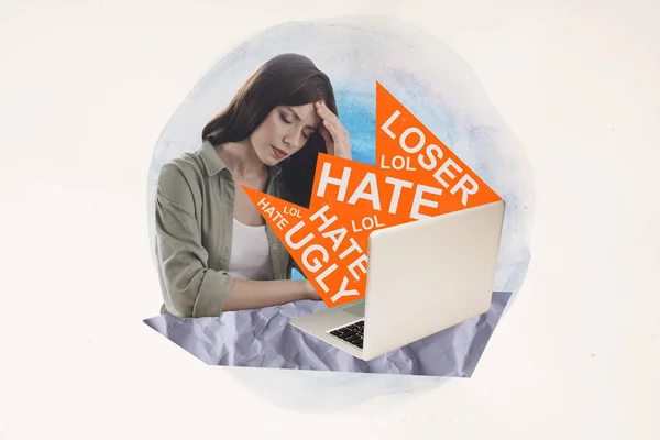 Kreatywny Kolaż Obraz Niezadowolonej Zestresowanej Dziewczyny Korzystać Netbook Otrzymać Nienawiść — Zdjęcie stockowe