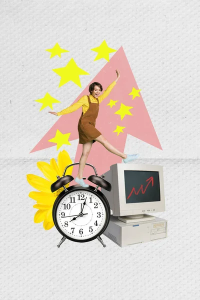 Collage Vertical Image Mini Fille Excitée Monter Énorme Cloche Horloge — Photo