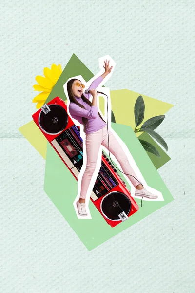 Vertikale Collage Bild Von Aufgeregten Funky Mädchen Haben Spaß Halten — Stockfoto