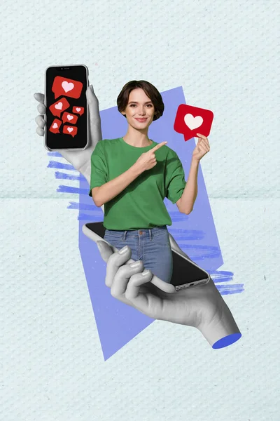 Изображение Коллажа Счастливой Улыбающейся Дамы Указывающей Пальцем Apple Samsung Iphone — стоковое фото