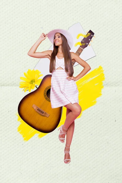 Vertical Collage Image Gorgeous Positive Girl Sunhat Big Acoustic Guitar — Stock Photo, Image