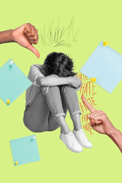 Creative Retro Magazine Collage Image Stressed Depressed Lady Crying Getting — Stock Photo, Image